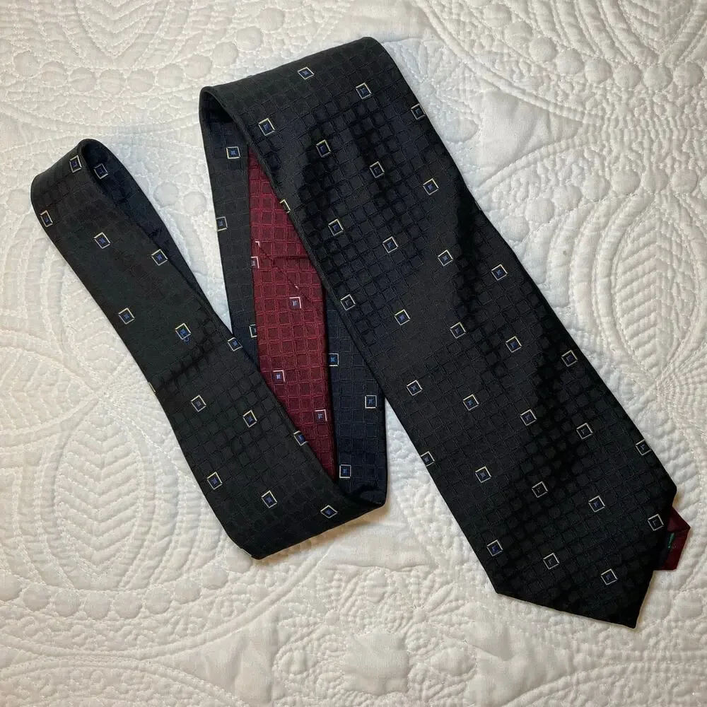Tommy Hilfiger Men's Black Silk Tie Square Geometric Pattern 58